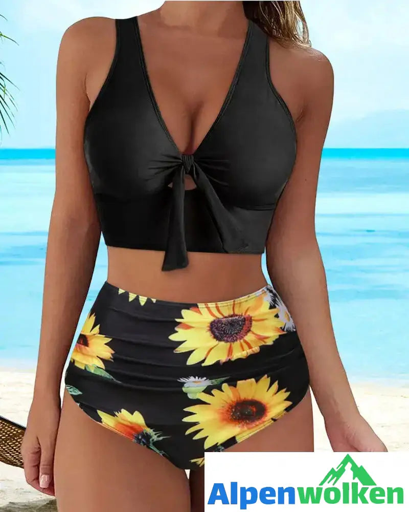 Alpenwolken - Push-up-Bikini mit hoher Taille und Blumendruck