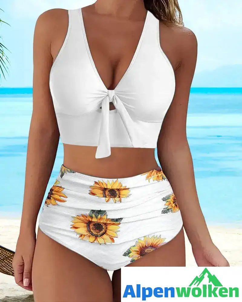 Alpenwolken - Push-up-Bikini mit hoher Taille und Blumendruck