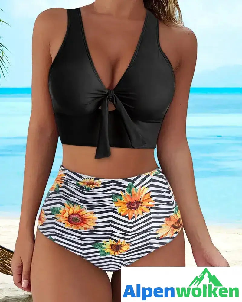 Alpenwolken - Push-up-Bikini mit hoher Taille und Blumendruck