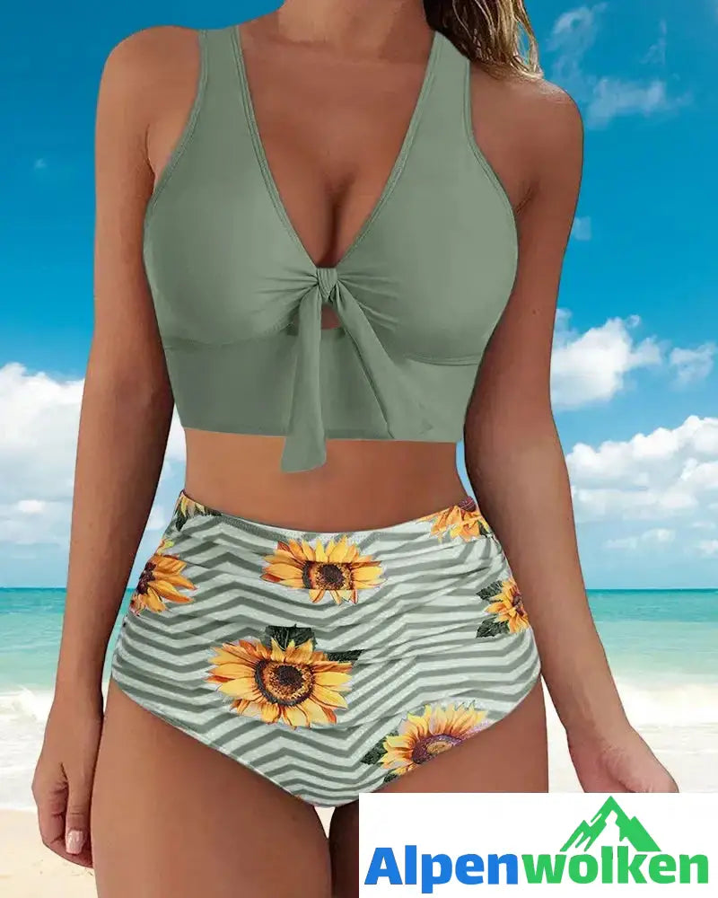 Alpenwolken - Push-up-Bikini mit hoher Taille und Blumendruck Grün