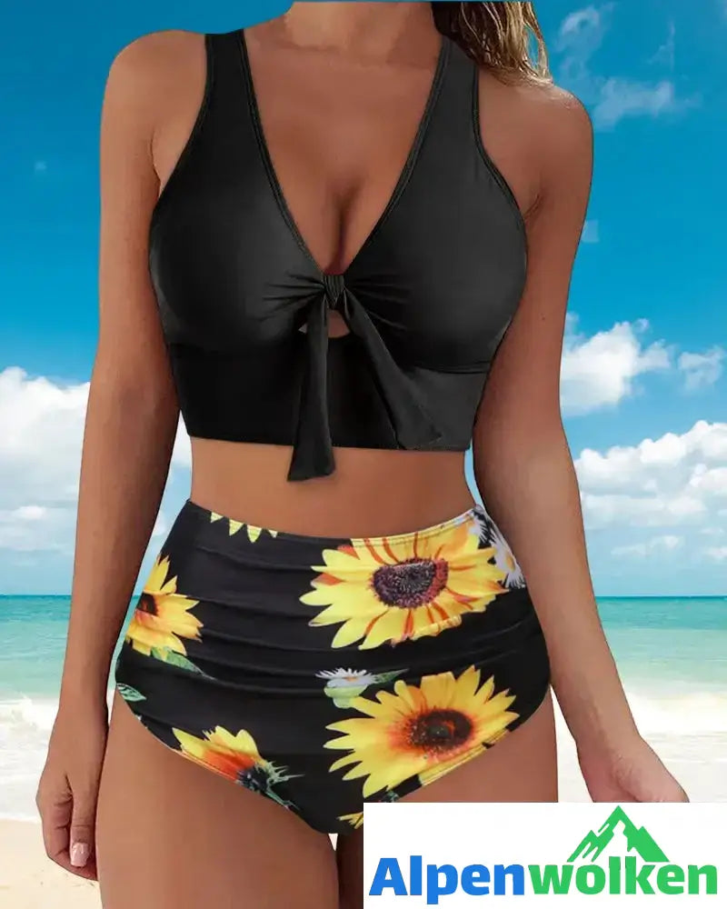 Alpenwolken - Push-up-Bikini mit hoher Taille und Blumendruck Schwarz