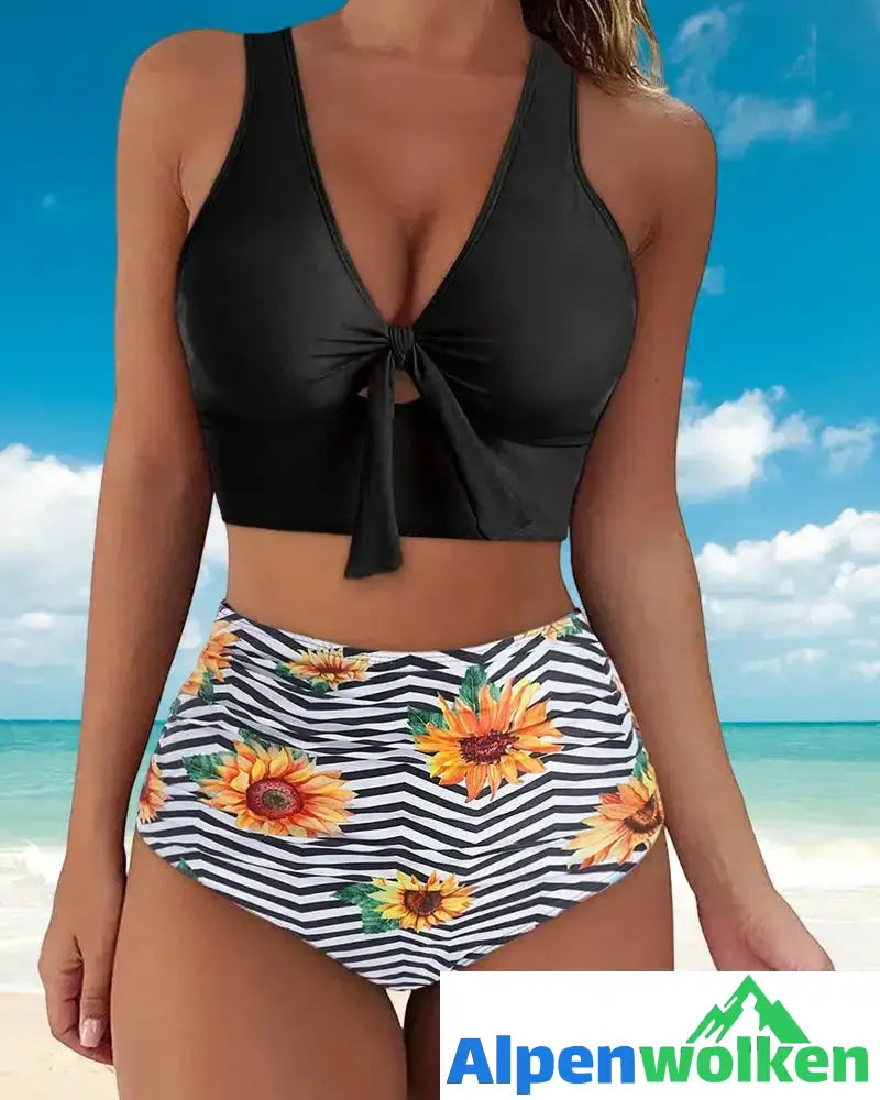 Alpenwolken - Push-up-Bikini mit hoher Taille und Blumendruck Sonnenblumen-Schwarz-Weiß-Streifen