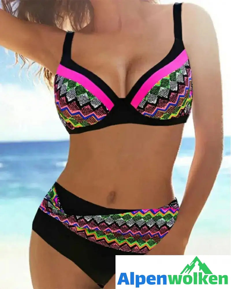 Alpenwolken - Push-up-Bikinis mit hoher Taille und Streifendruck Rosa