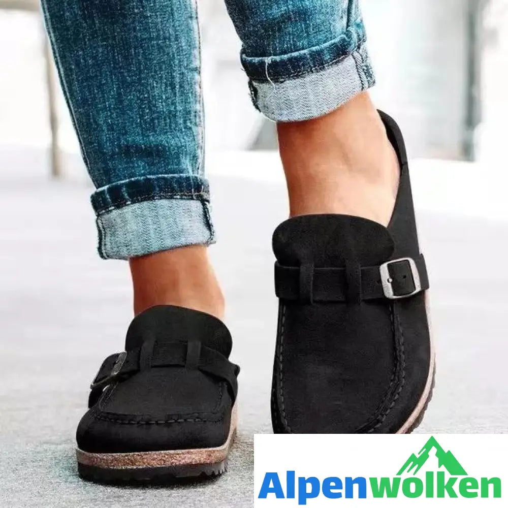 Alpenwolken - Retro Schuhe Pantoletten Damen Komfort Flats Schwarz