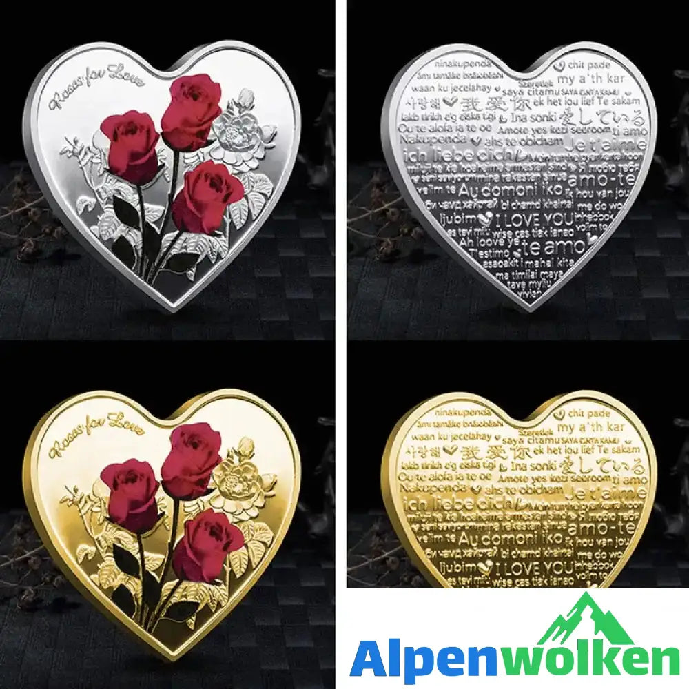 Alpenwolken - Rose Gedenkmünze in Herzform Silber+Gold