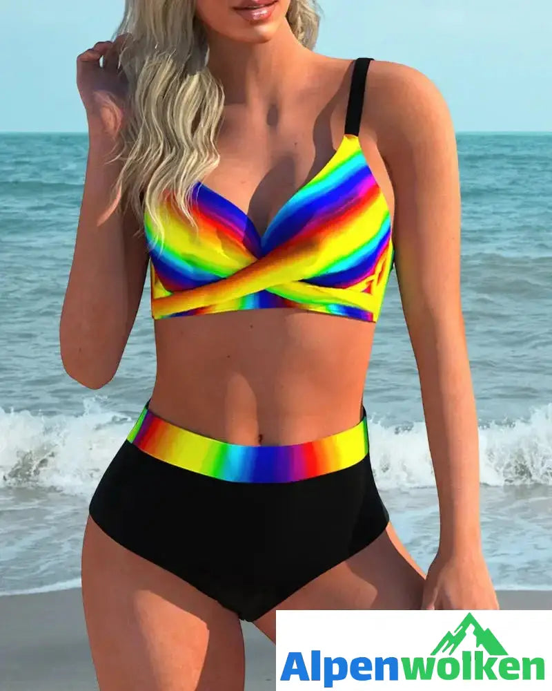 Alpenwolken - Rückenfreies Bikini-Set mit Regenbogen-Print