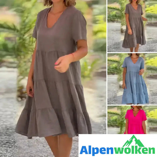 Alpenwolken - Schlichtes Kleid aus Baumwollleinen mit V-Ausschnitt