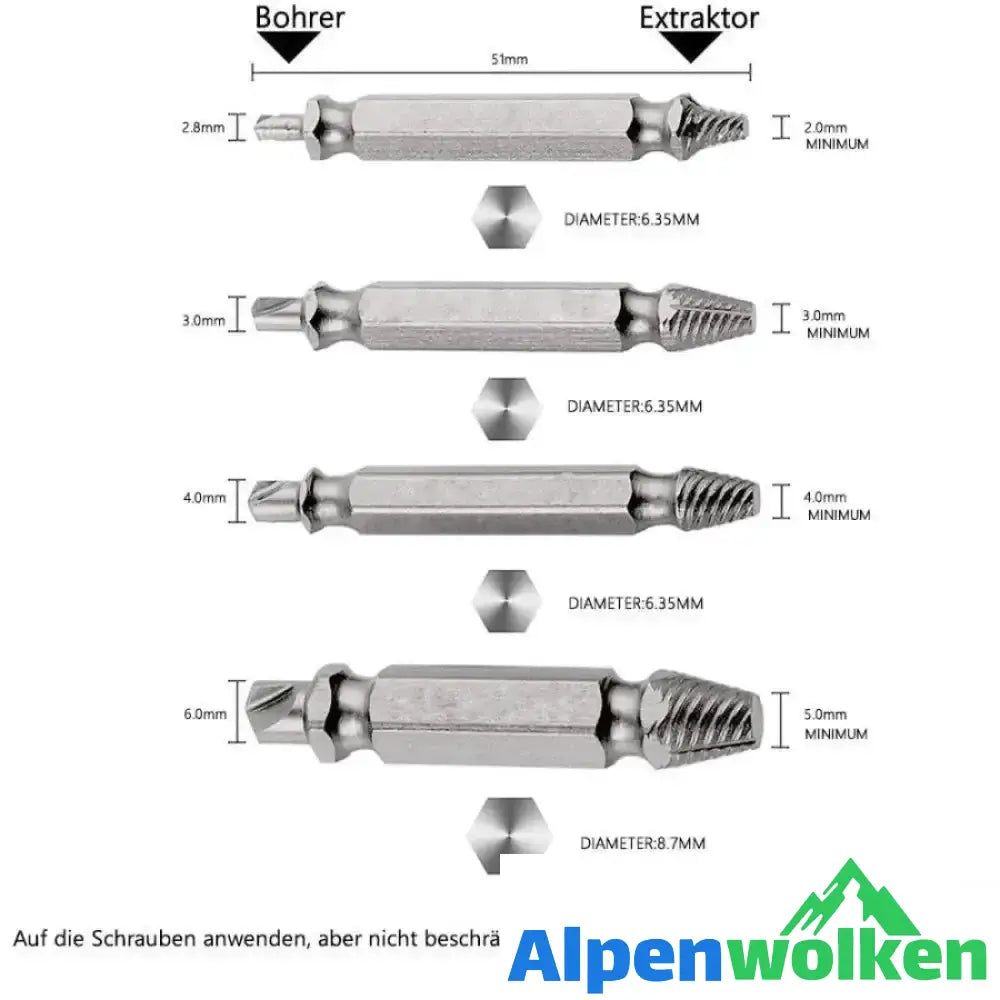 Alpenwolken - Schraubenausdreher-Set 4 Stück Beschädigte Schrauben Entferner