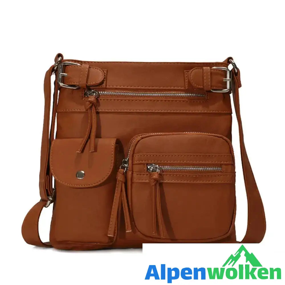 Alpenwolken - Schultertasche aus weichem Leder mit mehreren Taschen Braun