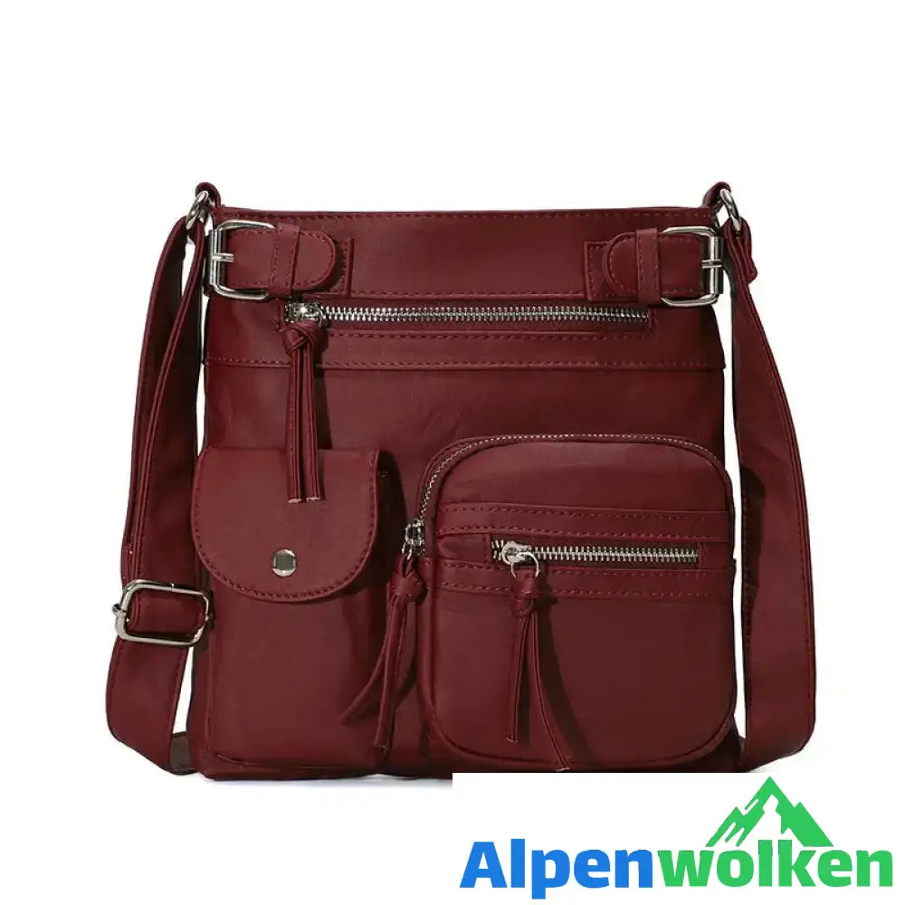 Alpenwolken - Schultertasche aus weichem Leder mit mehreren Taschen Dunkelrot