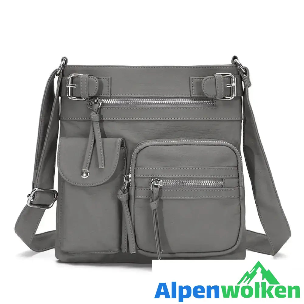 Alpenwolken - Schultertasche aus weichem Leder mit mehreren Taschen Grau