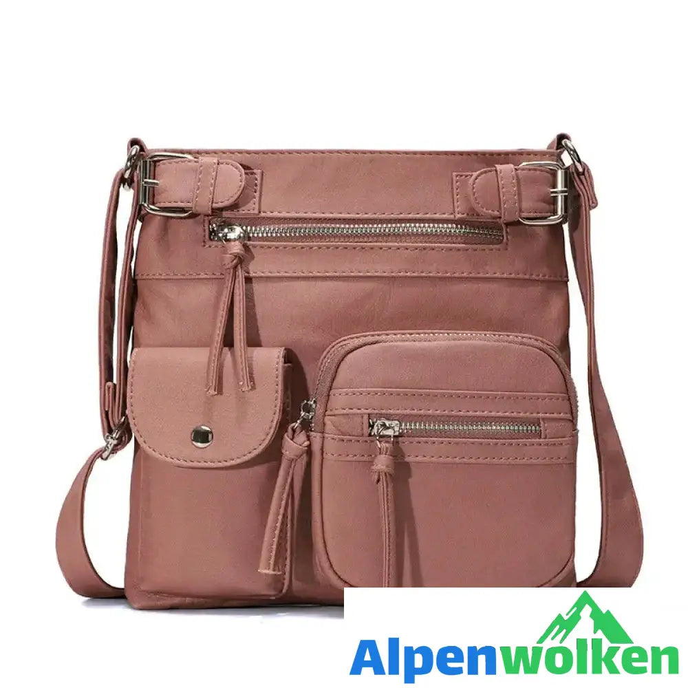 Alpenwolken - Schultertasche aus weichem Leder mit mehreren Taschen Rosa