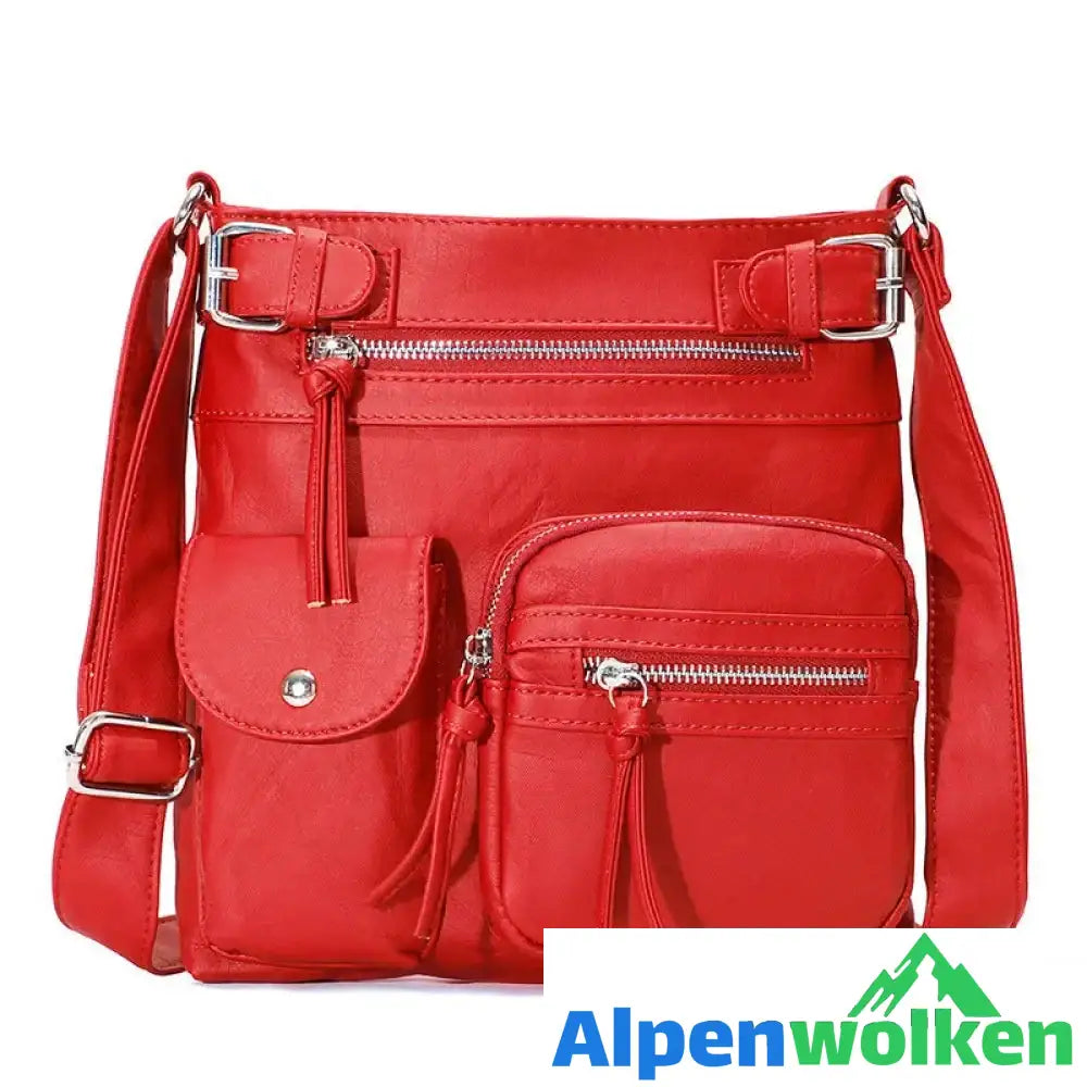 Alpenwolken - Schultertasche aus weichem Leder mit mehreren Taschen Rot