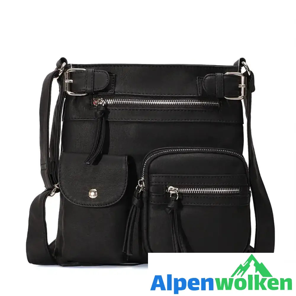 Alpenwolken - Schultertasche aus weichem Leder mit mehreren Taschen Schwarz