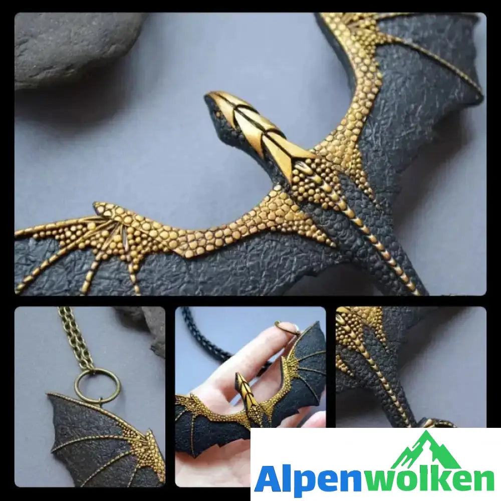 Alpenwolken - Schwarze geflügelte fliegende Drachenhalskette