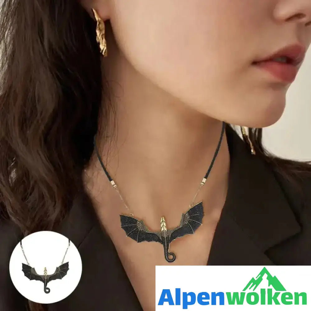 Alpenwolken - Schwarze geflügelte fliegende Drachenhalskette