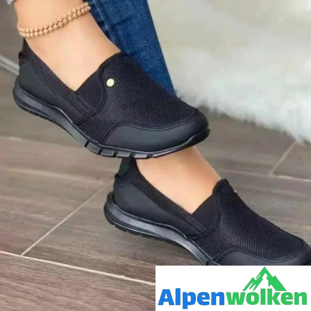 Alpenwolken - Slip-On Orthopädische Diabetiker Walking Schuhe, Easy Fit Leichte Flache Turnschuhe Schwarz