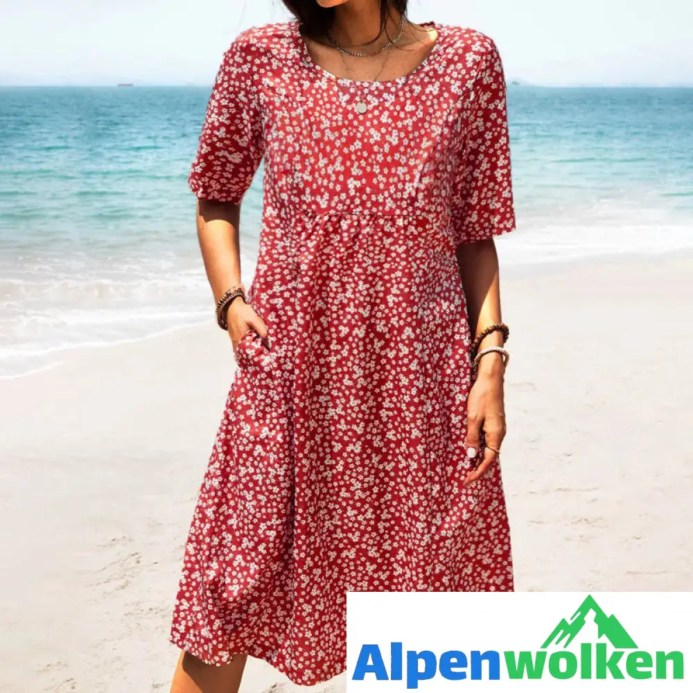 Alpenwolken - 🎉Sommer-Specials🎉Blumen-Strandkleid mit Rundhalsausschnitt