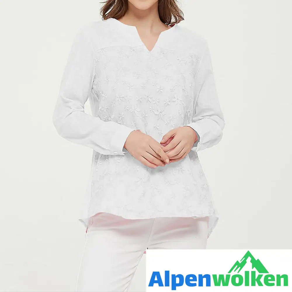 Alpenwolken - Spitzenbestickte Bluse Aus Baumwoll Und Leinen