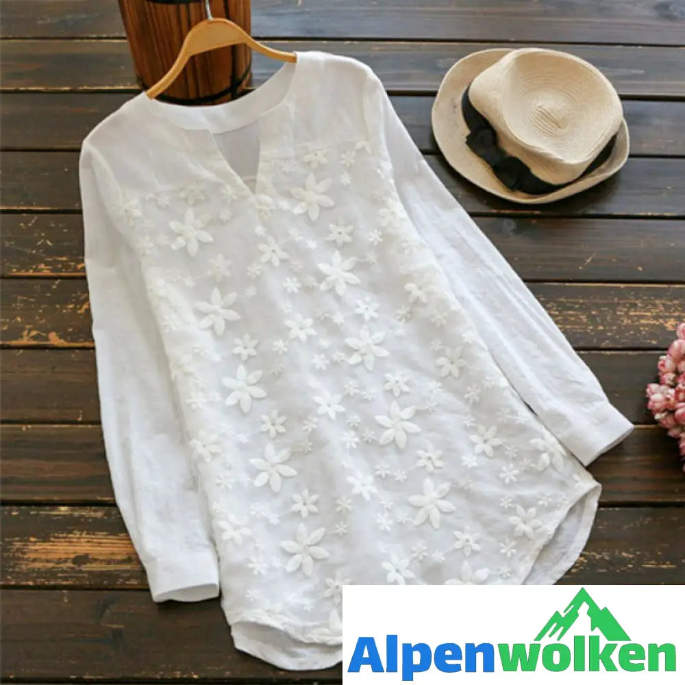 Alpenwolken - Spitzenbestickte Bluse Aus Baumwoll Und Leinen