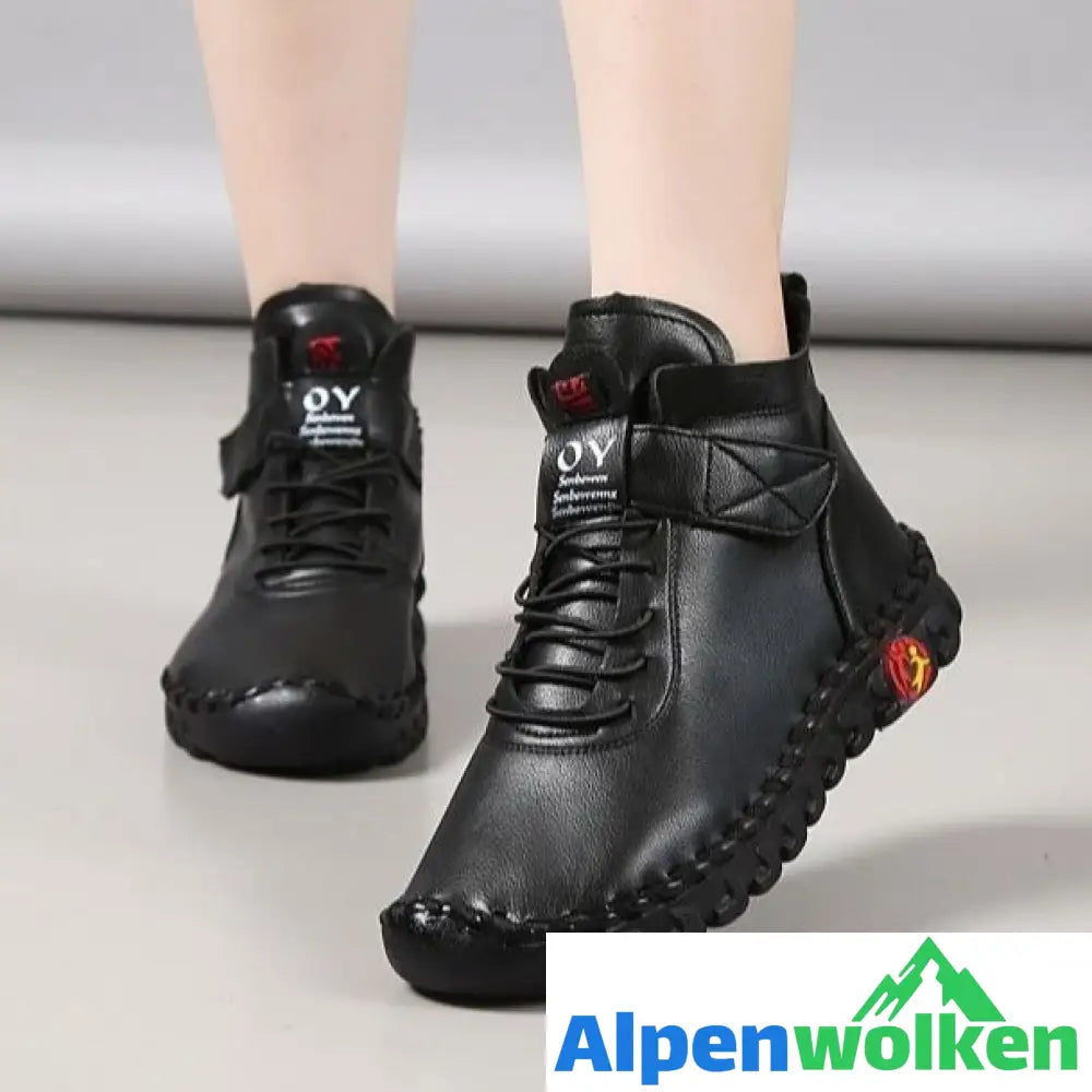 Alpenwolken - Stiefel Winter Orthopädische Für Frauen Herbst Lederschuhe Mit Fell Schwarz Mokassins Frau Knöchel Mama Plüsch Booties Schwarz