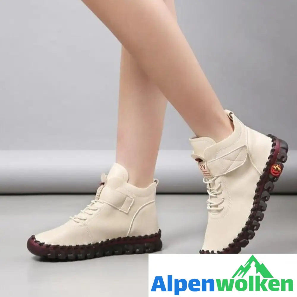 Alpenwolken - Stiefel Winter Orthopädische Für Frauen Herbst Lederschuhe Mit Fell Schwarz Mokassins Frau Knöchel Mama Plüsch Booties Weiß