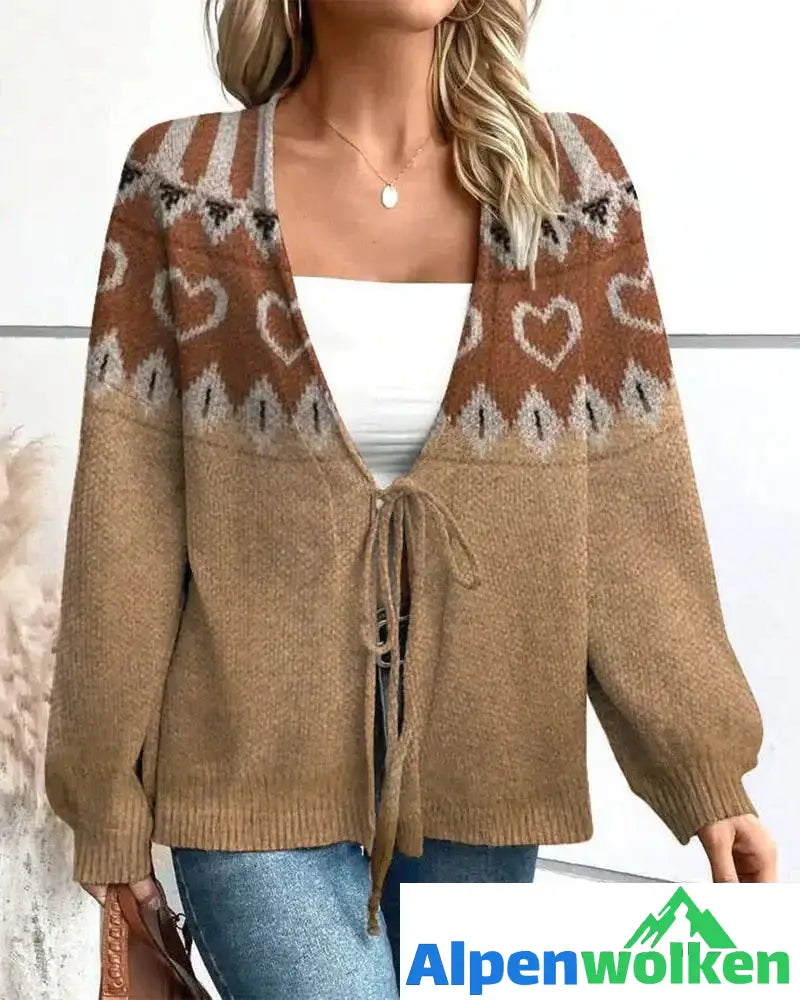 Alpenwolken - Strickjacke mit Herzmuster und Schnürung Khaki