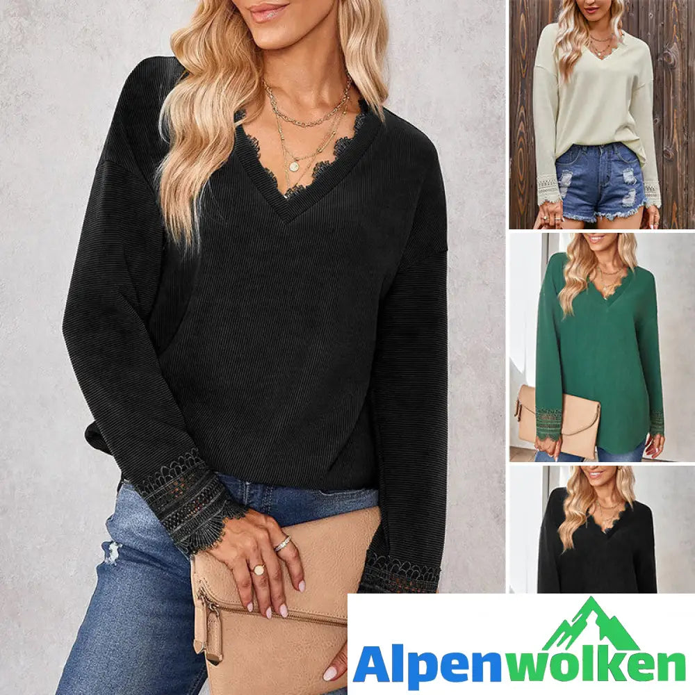 Alpenwolken - Strickpullover mit V-Ausschnitt aus Spitze