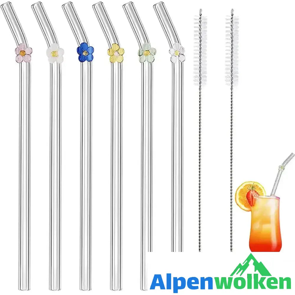 Alpenwolken - Strohhalme aus farbigem Glas 6 BLUMEN + 2 Bürsten