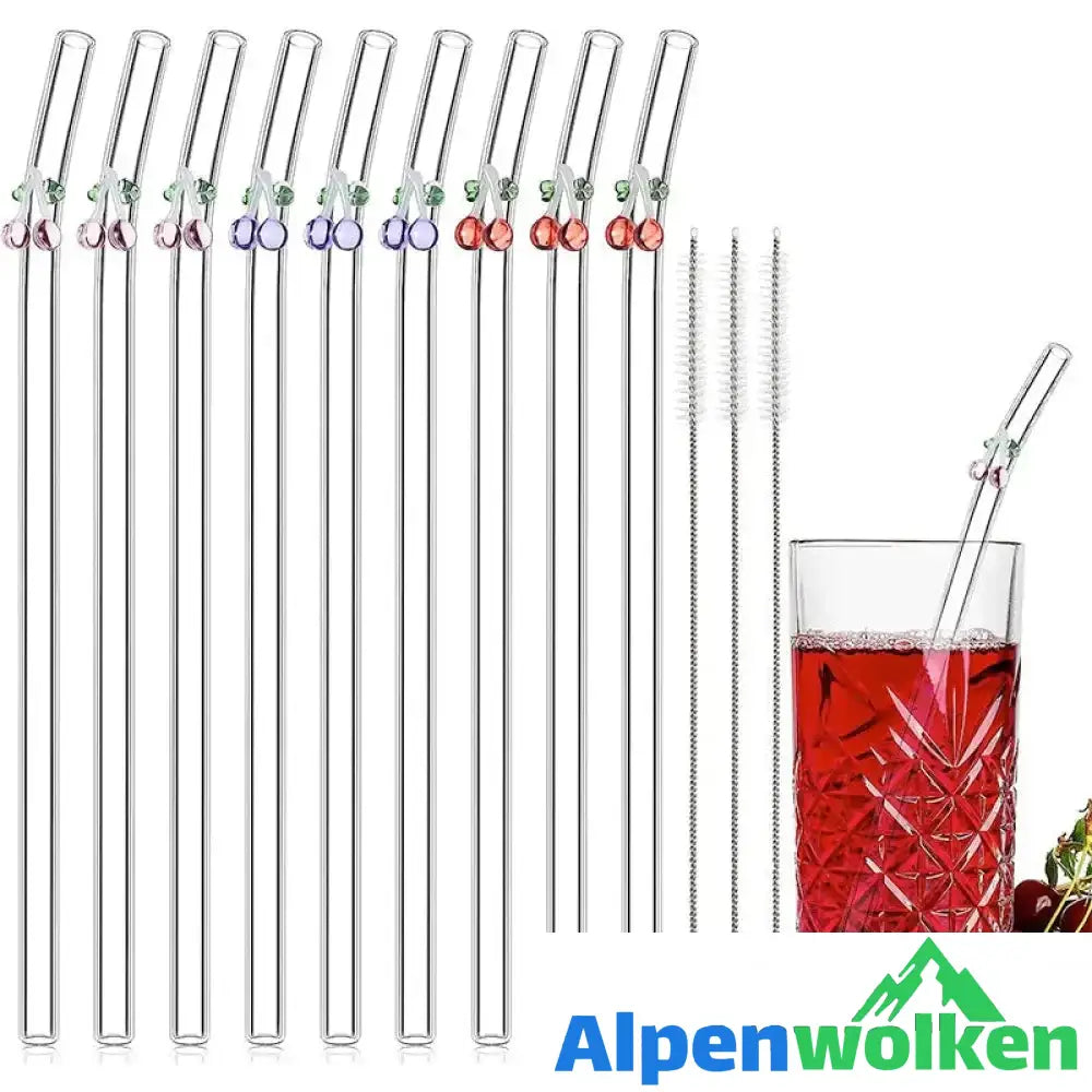 Alpenwolken - Strohhalme aus farbigem Glas 6 KIRSCHEN + 2 Bürsten