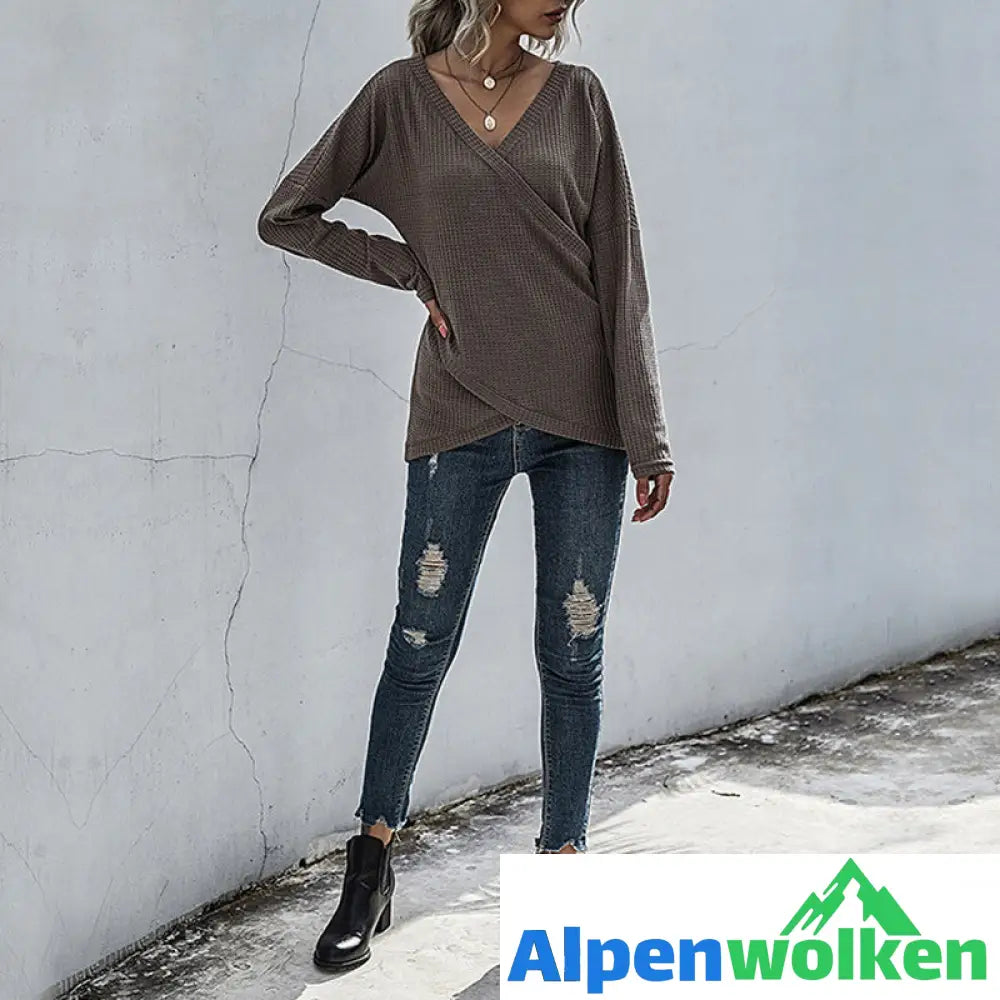 Alpenwolken - Unregelmäßiger Langärmliger Strickpullover mit V-Ausschnitt