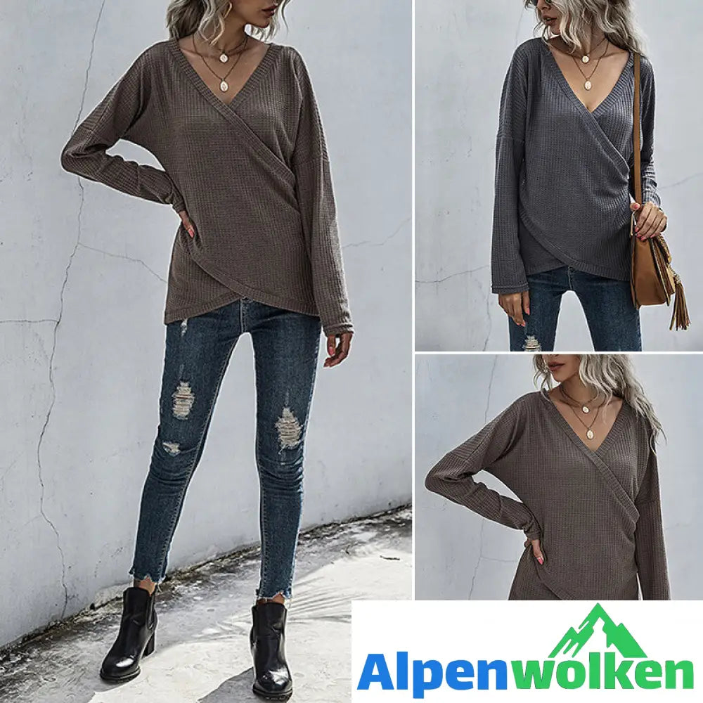 Alpenwolken - Unregelmäßiger Langärmliger Strickpullover mit V-Ausschnitt