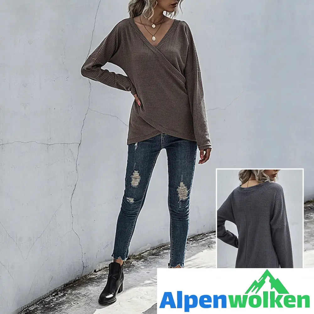 Alpenwolken - Unregelmäßiger Langärmliger Strickpullover mit V-Ausschnitt