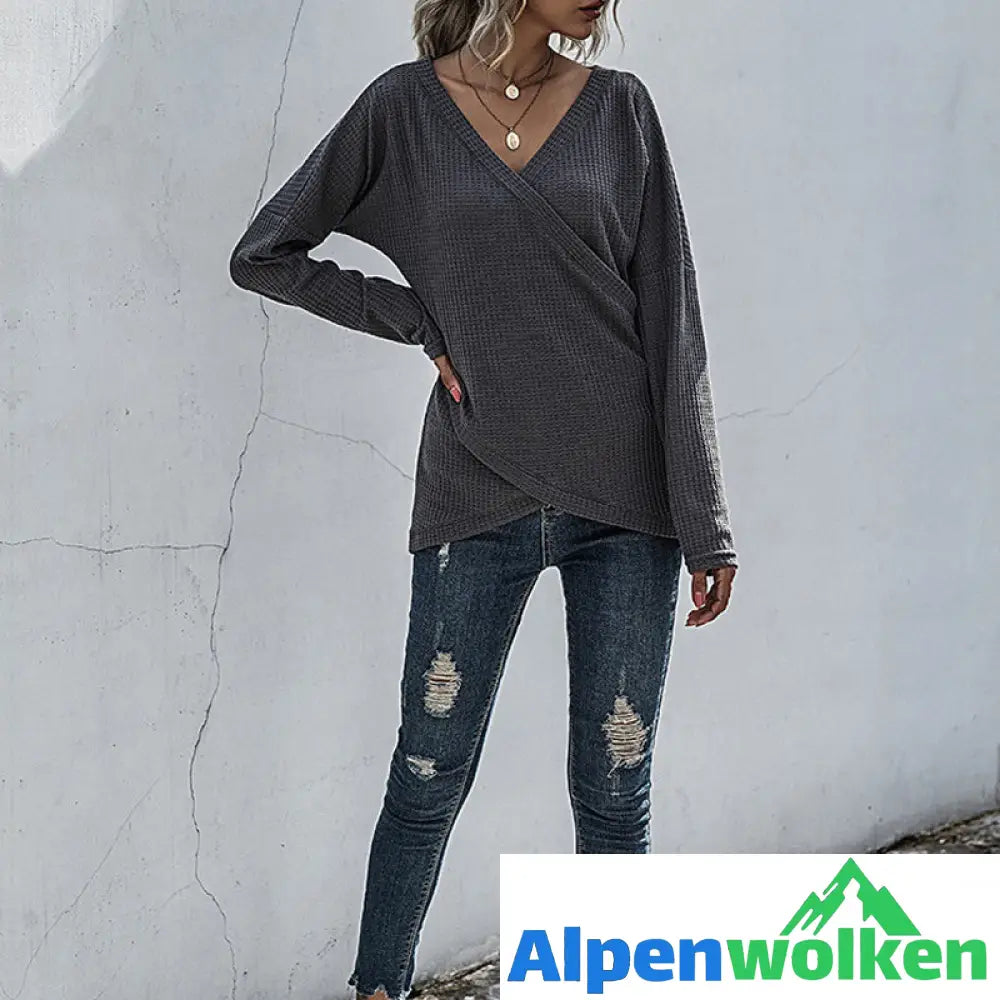 Alpenwolken - Unregelmäßiger Langärmliger Strickpullover mit V-Ausschnitt