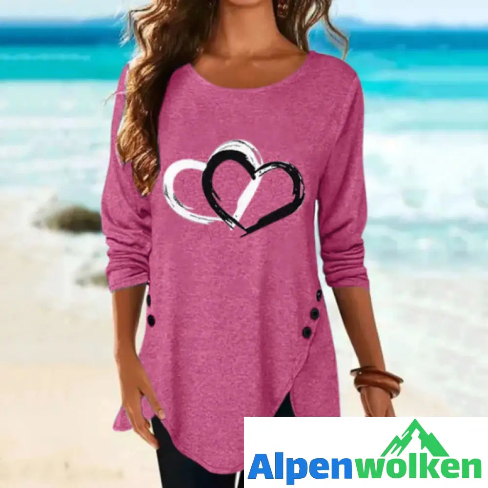 Alpenwolken - Unregelmäßiges langärmliges T-Shirt mit Herzdruck für Damen