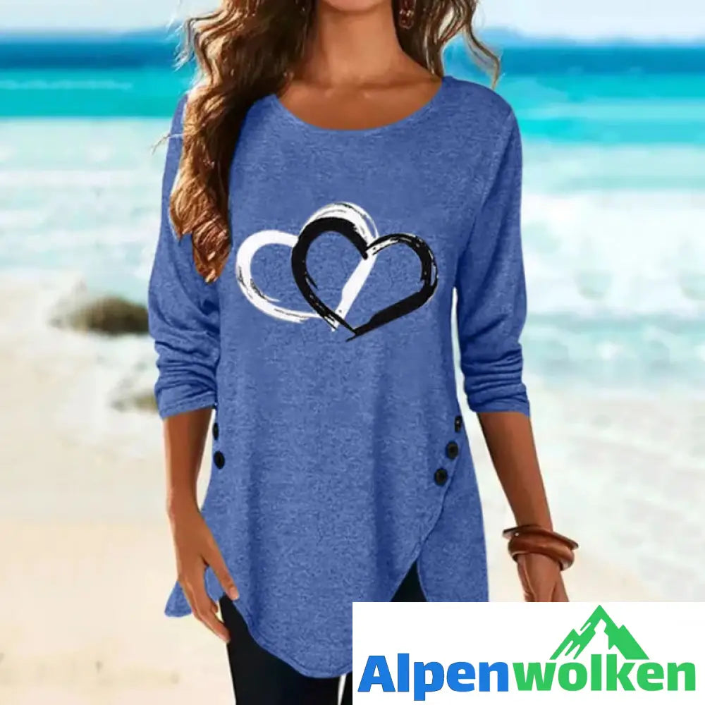 Alpenwolken - Unregelmäßiges langärmliges T-Shirt mit Herzdruck für Damen