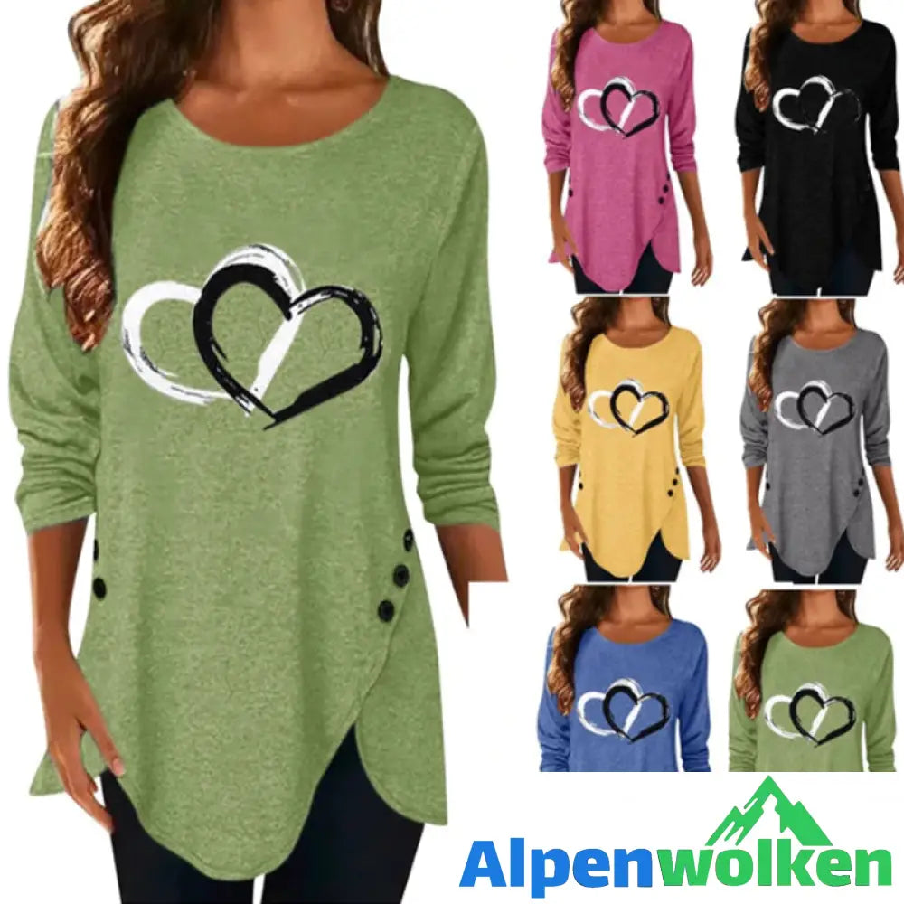 Alpenwolken - Unregelmäßiges langärmliges T-Shirt mit Herzdruck für Damen