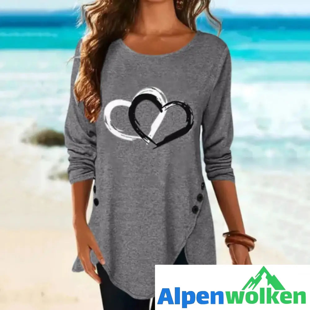 Alpenwolken - Unregelmäßiges langärmliges T-Shirt mit Herzdruck für Damen