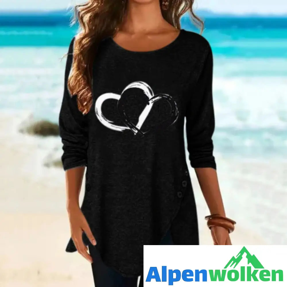 Alpenwolken - Unregelmäßiges langärmliges T-Shirt mit Herzdruck für Damen