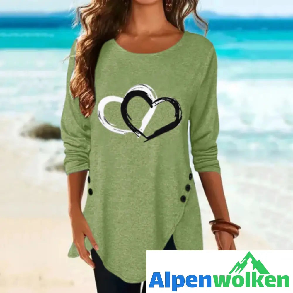 Alpenwolken - Unregelmäßiges langärmliges T-Shirt mit Herzdruck für Damen