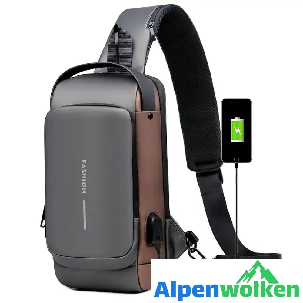 Alpenwolken - USB-Ladesport-Sling Anti-Diebstahl-Umhängetasche graubraun