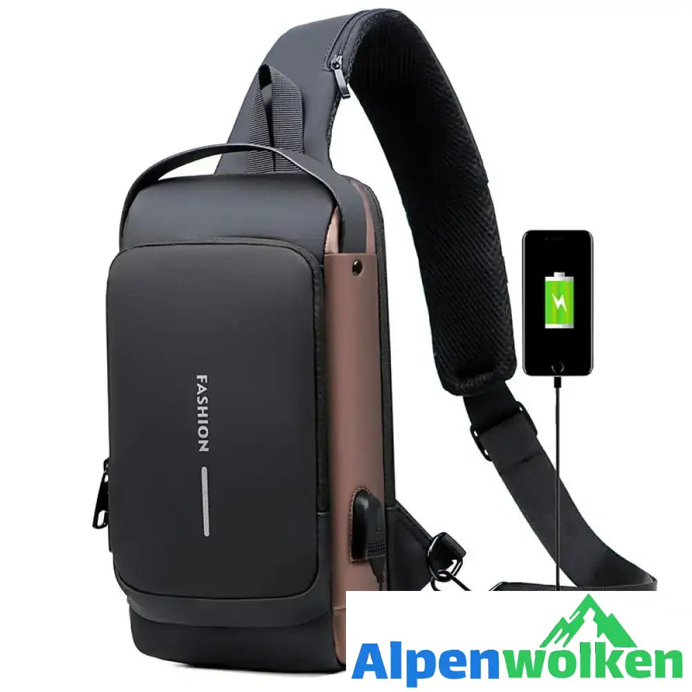 Alpenwolken - USB-Ladesport-Sling Anti-Diebstahl-Umhängetasche schwarzbraun