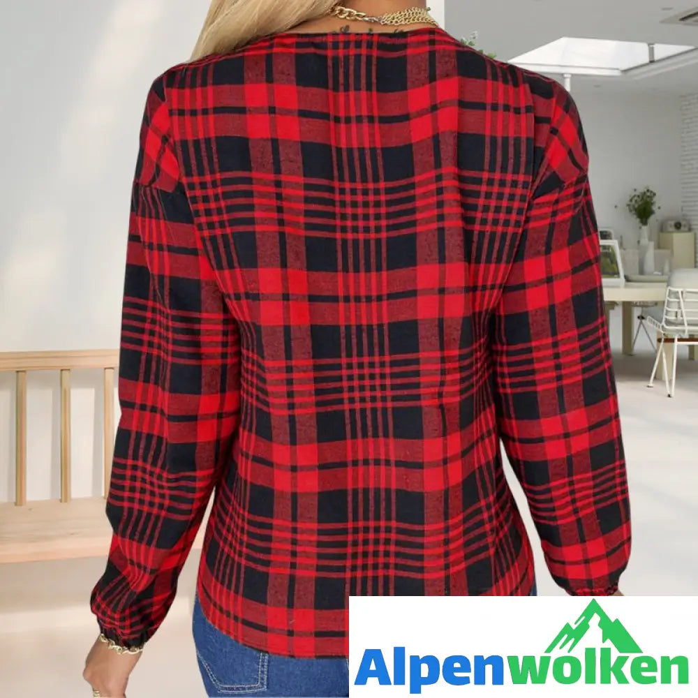 Alpenwolken - V-Ausschnitt kariertes T-Shirt