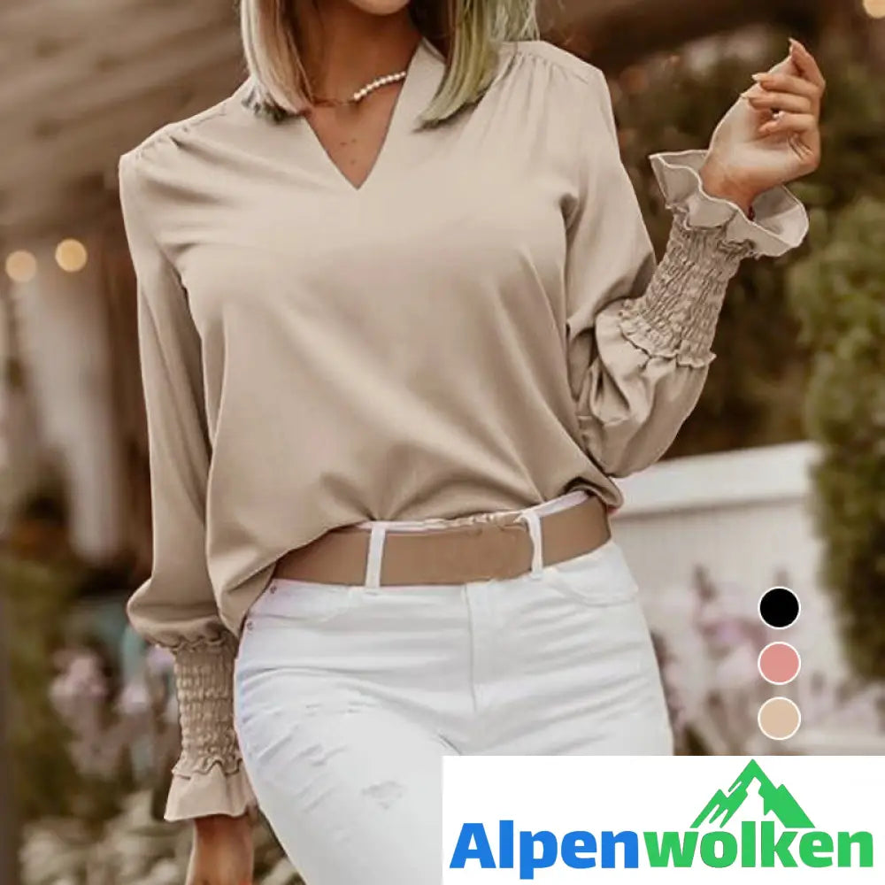 Alpenwolken - V-Neck Long Sleeve Loose Casual T-Shirt