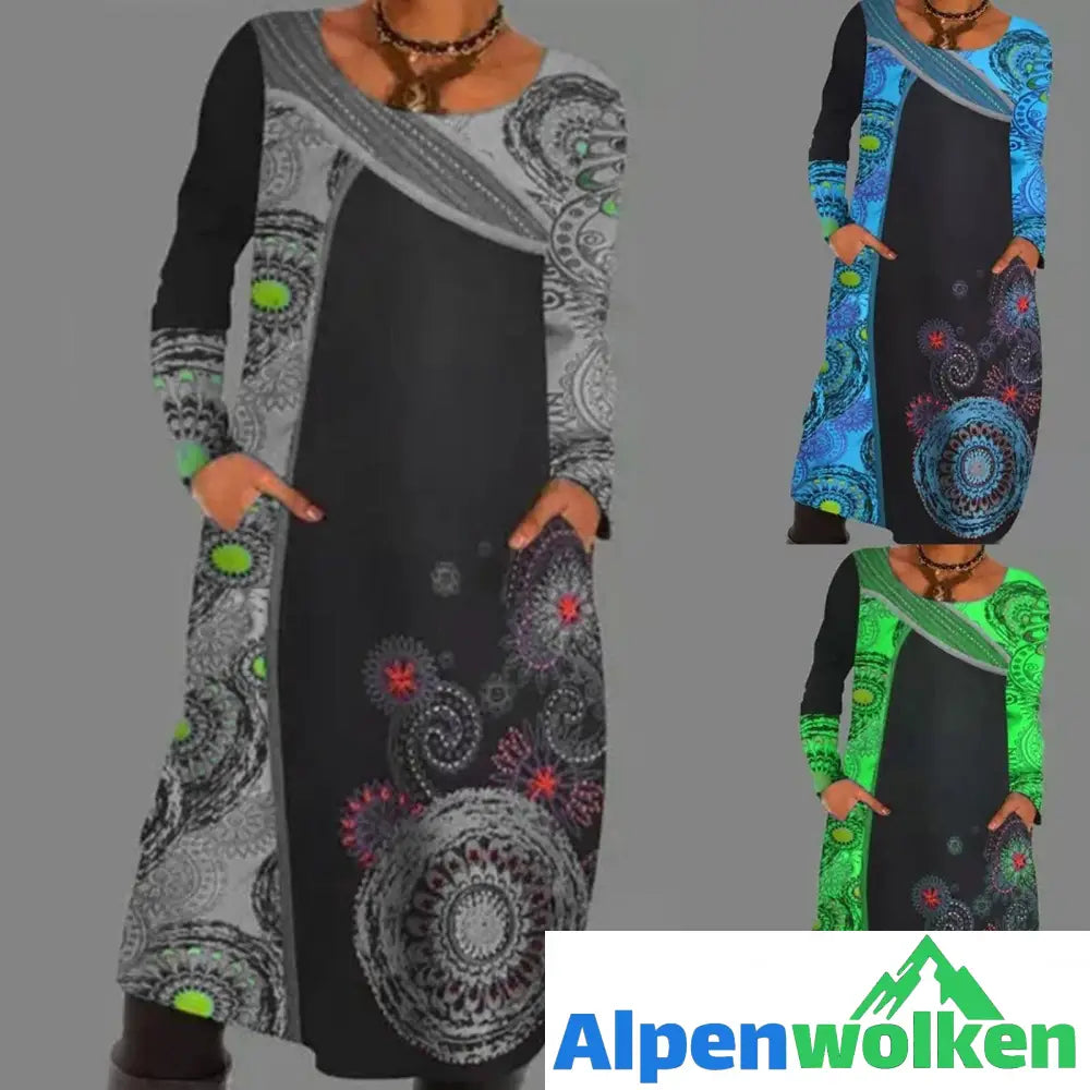 Alpenwolken - Vintage Print Pullover Kleid Mit Taschen