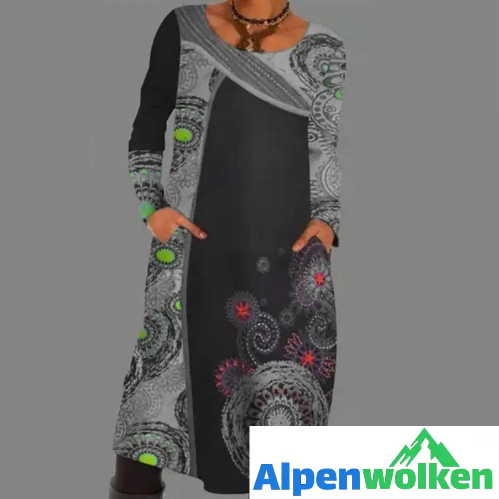 Alpenwolken - Vintage Print Pullover Kleid Mit Taschen Grau