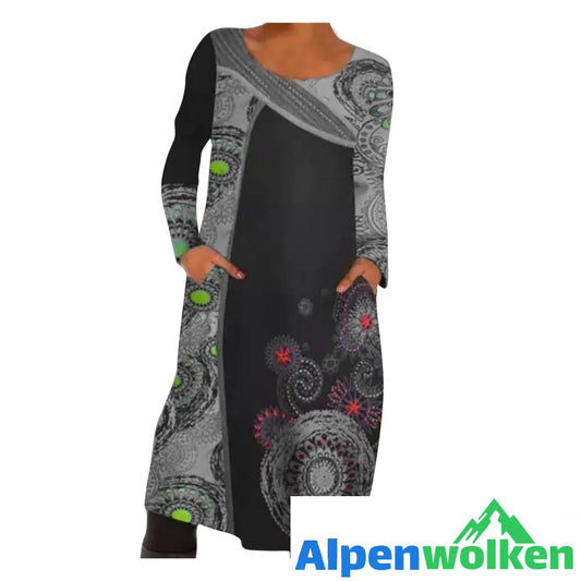 Alpenwolken - Vintage Print Pullover Kleid Mit Taschen Grau S