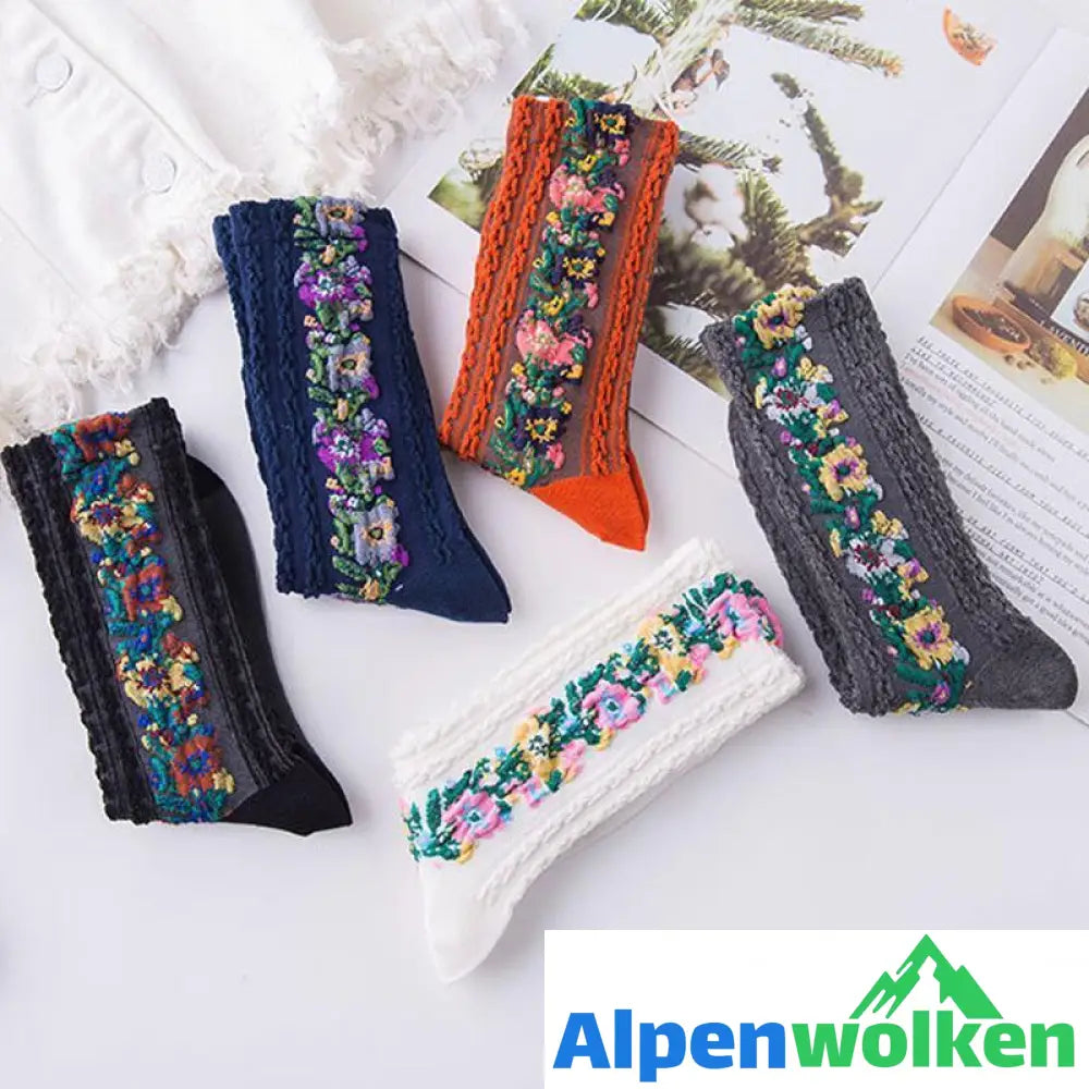 Alpenwolken - Vintage Socken mit Blumenstickerei (5 Paar)