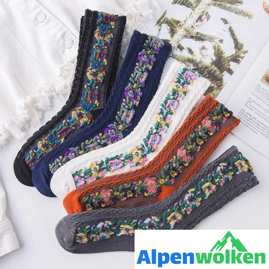 Alpenwolken - Vintage Socken mit Blumenstickerei (5 Paar)