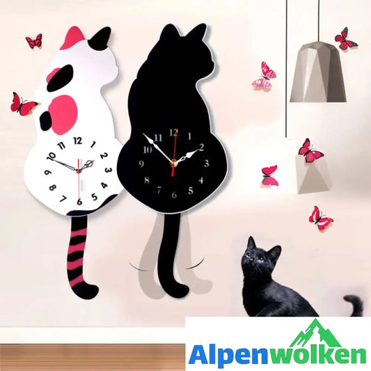 Alpenwolken - Wanduhr mit wedelndem Schwanz der Katze